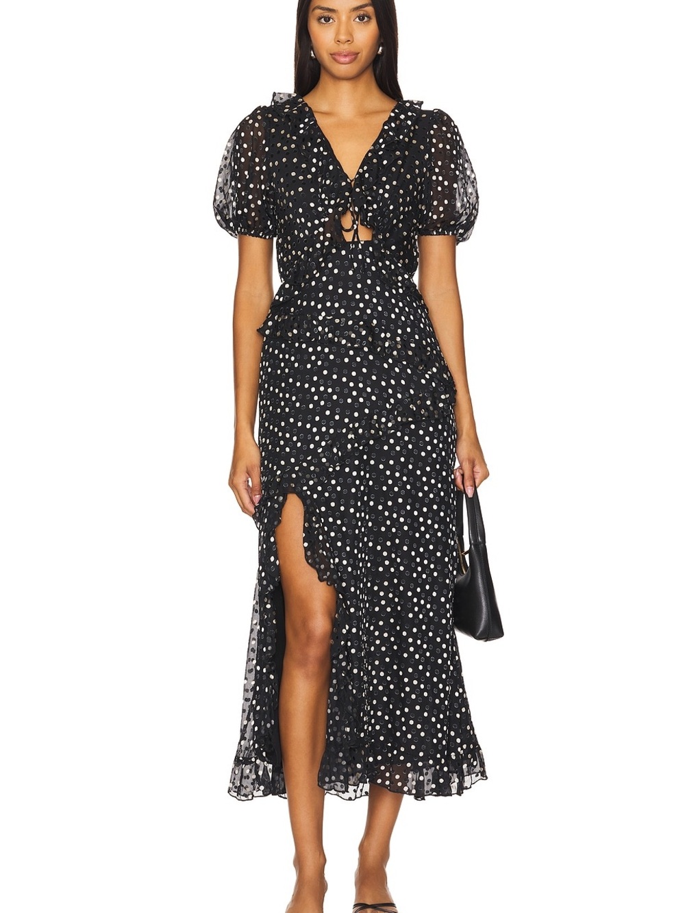 ASTR the Label Bennet Dress Black Polka Dot Ruffle Midi Dress Cottagecore Size S